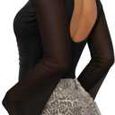 SAUNGKUAI Women's Bodysuits Backless Bell Sleeve Mesh Ruched Bodysuit Boat Neck Open Back Going Out Tops (Large, Black)