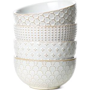 LE TAUCI Cereal bowls 26 oz, Ceramic Soup Bowl for Kitchen, Embossment Stoneware Bowl for Pho, Chip, Fruits, Salad, Noodle, Ramen, Suit For Housewarming - 6 Inch, Set of 4, Arctic White