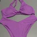 geluboao Bikini Set for Women Solid V Neck Knot Front Push Up High Leg Thong Two Piece Swimsuit (X-Large, Purple)