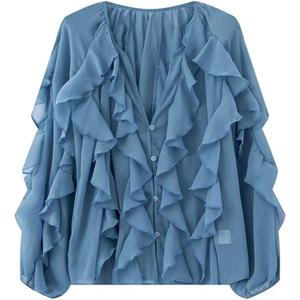 HangNiFang Ruffled Multi-Layered Summer Blouse for Women Trendy Semi See Through V-Neck Long Sleeve Button Chiffon Shirt Tops (Small, Blue)
