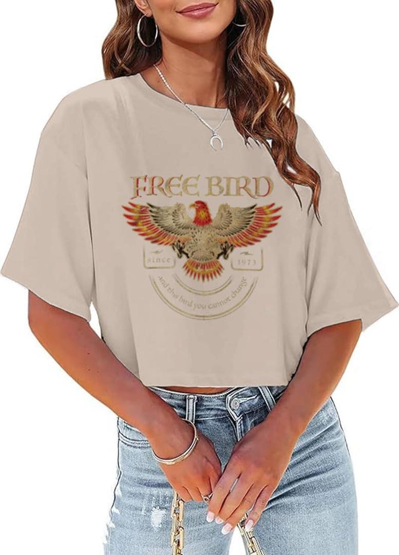 Women's Summer Cropped T Shirts Funny Rock and Roll Country Music Graphic Print tees Short Sleeve Casual Crop Tops (Medium, Brown-1)