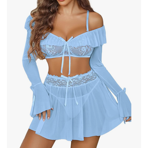 Avidlove Women's Sexy Lingerie Set Sheer Mesh Off Shoulder Bra Panty Ruffle Skirts 3 Piece Sets