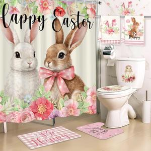 6 Pcs Easter Shower Curtain Set Bunny Bathroom Decor with Waterproof Shower Curtain 72 x 72 Inches Toilet Lid Cover Towel U Shaped Rugs Non Slip Bath Mat Hook for Bathroom