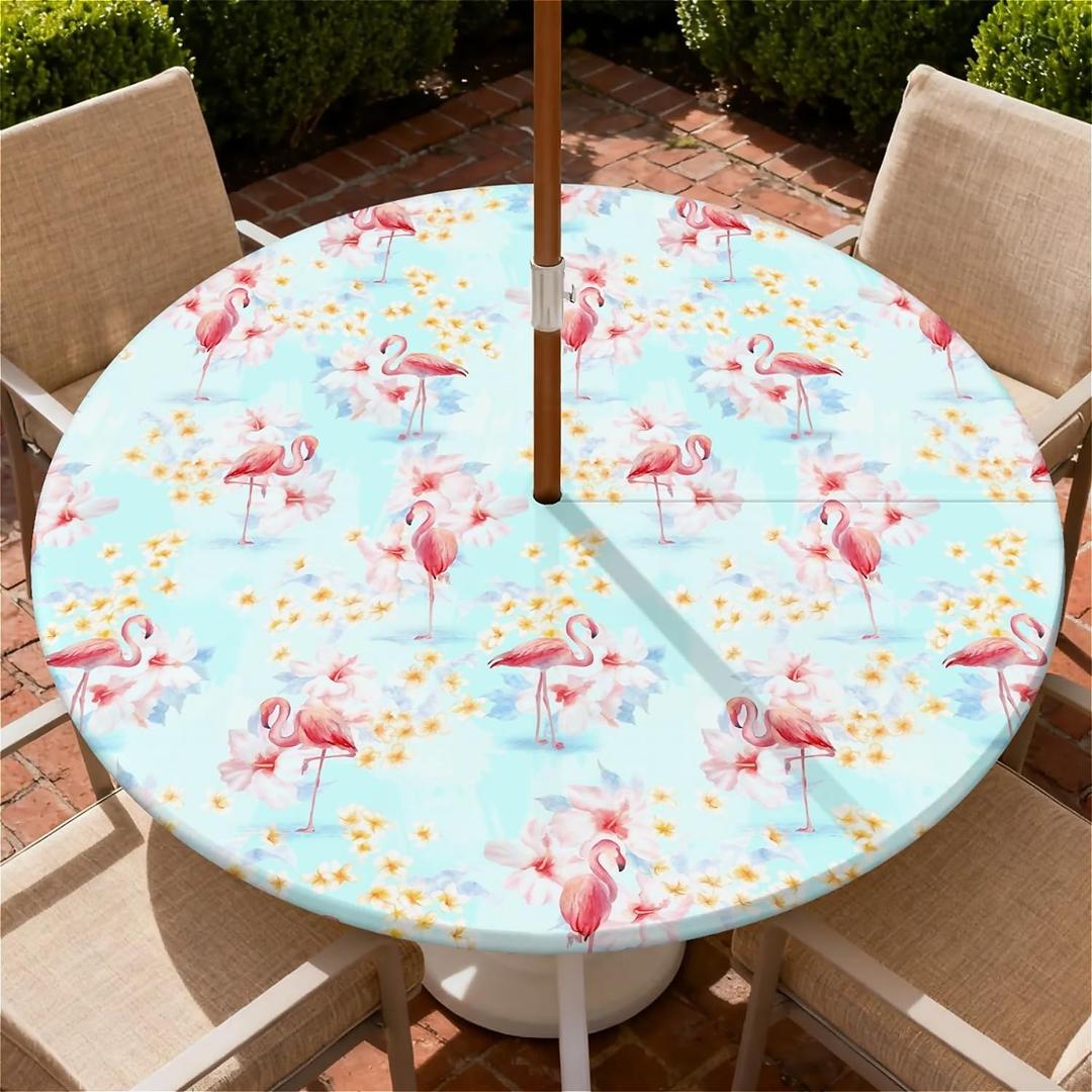Round Outdoor Tablecloth with Umbrella Hole and Zipper, Elastic Fitted Waterproof Patio Tablecover for Garden Patio Backyard Picnic BBQ, Fits 37"-44" Round Table, Flamingo Floral