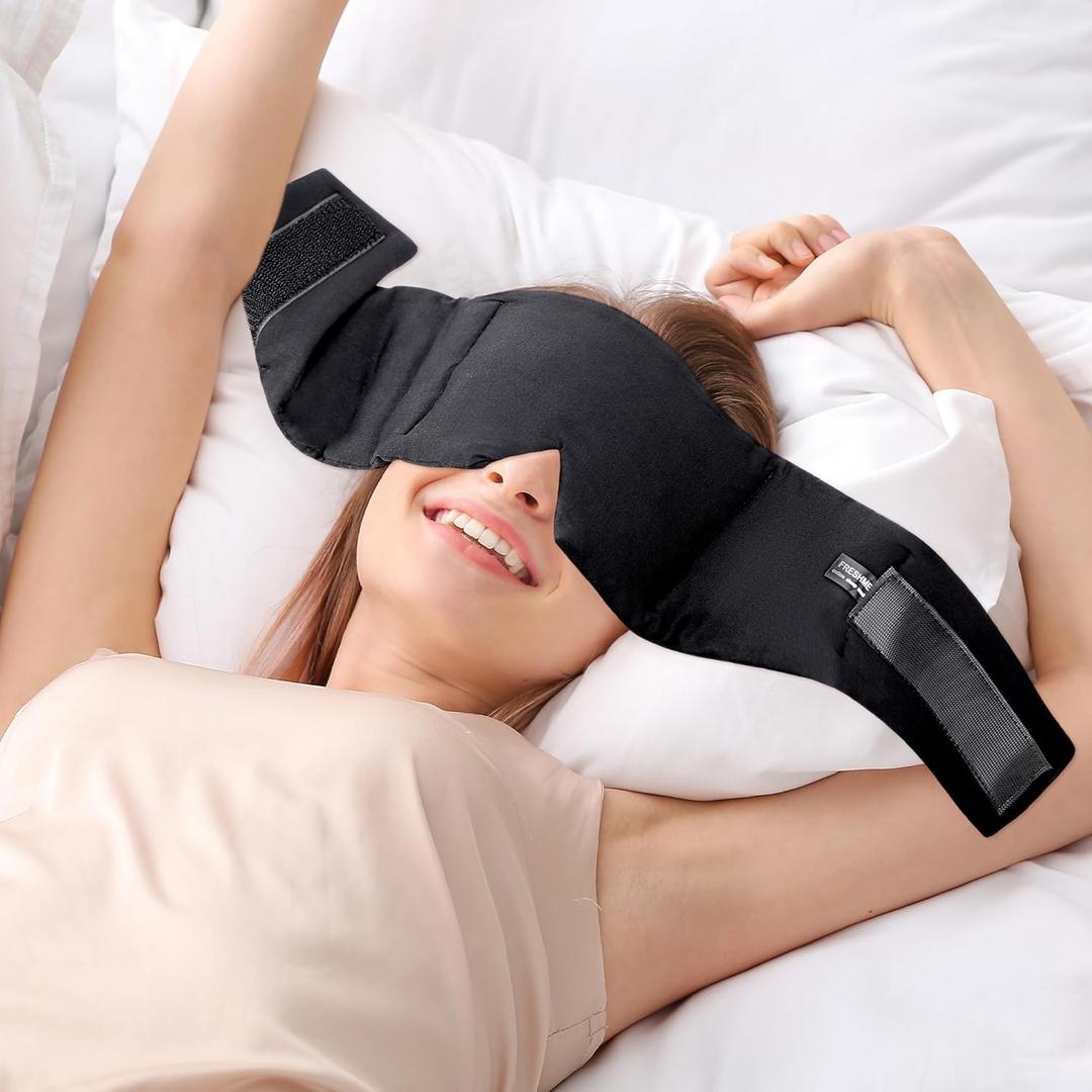 FRESHME Weighted Eye Mask for Sleeping - Black Cotton (0.7lb/11oz) Face Eye Cover Weighted Eye Pillow Oversize Large Soft Sleeping Mask with Nose Pad for Women Men Deep Sleep Essential