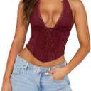 COZYEASE Women's Y2K Sheer Mesh Tie Back Halter Top Floral Print Rhinestone Cami Tops Backless Crop Tee Purple XS