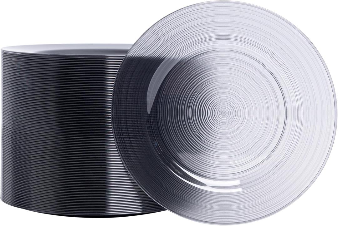 100 Count 6 Inch Transparent Black Plastic Plates, Heavy Duty Disposable Dessert Salad Plate, Round Fancy Appetizer Plates for Wedding, Party