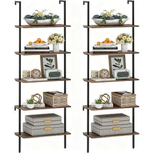 Wolawu 5 Tiers Ladder Shelf 2-Piece Black Modern Tall Bookshelf Open Large Tall Wall Mount Storage Bookcase Standing Leaning Wall Shelves Industrial Decorative (Brown)