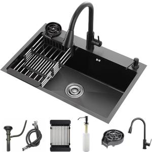 Black Kitchen Sink with Faucet, Top Mount/Drop-In 3 Hole Single Bowl Stainless Steel Sink with Cup Washer, Soap Dispenser, Drainage kit for Bar, Kitchen, Balcony (23.6 * 17.7in)