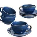 LE TAUCI 6 oz Cappuccino Cups with Saucers, Set of 4 Ceramic Coffee Cup and Saucer Set for Latte, Au Lait, Flat White, Mocha, Tea, Embossed Coffee Cups, Ceylon Blue