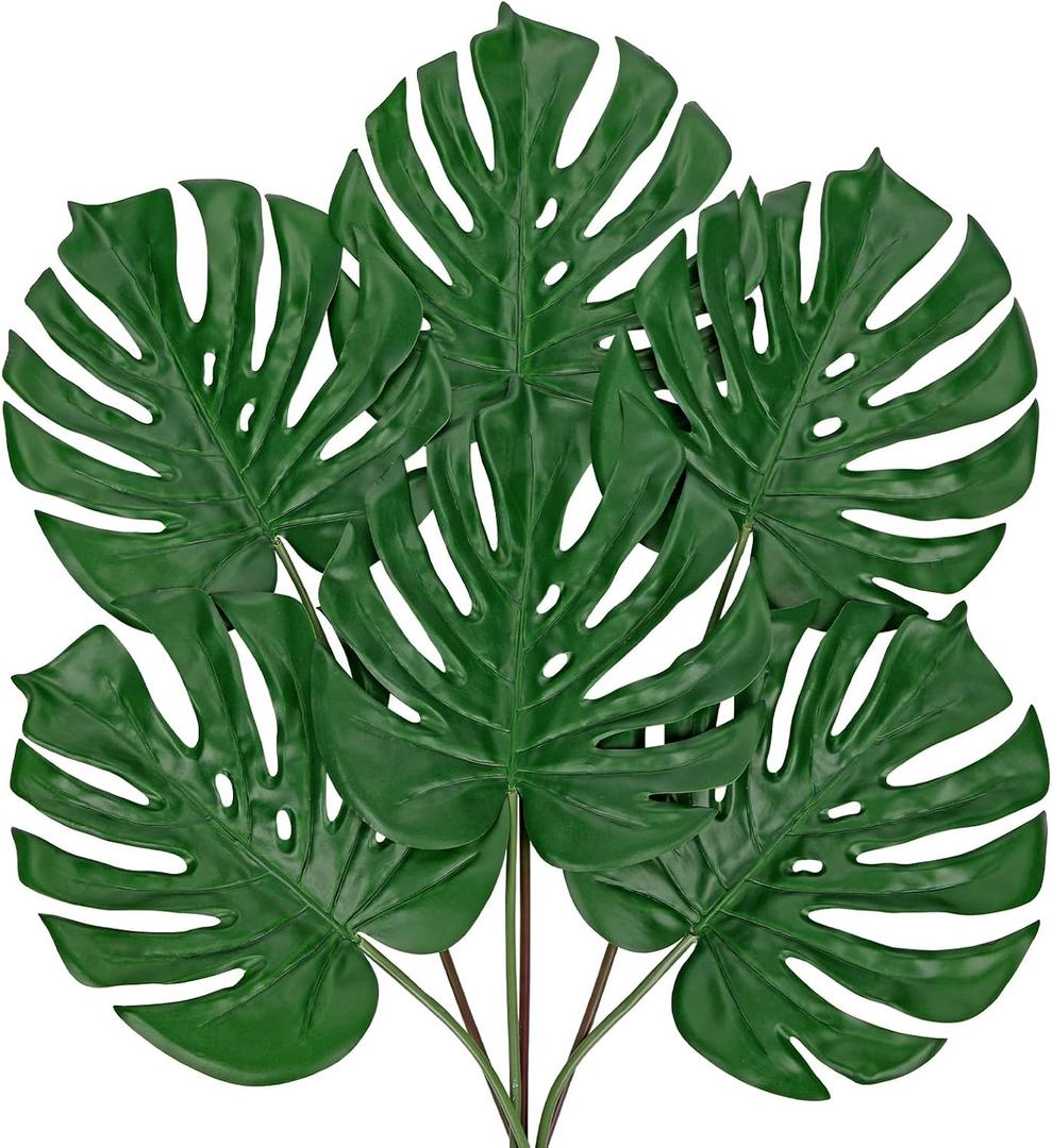 DILATATA 6 Pack Artificial Monstera Leaves with Long Stem for Vase - Fake Tropical Plants Palm Leaves Realistic Philo Turtle Leaves for Home Wedding Party Decor - Medium