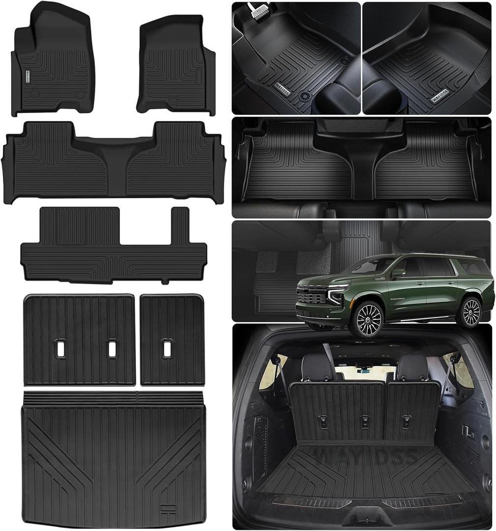Floor Mats & Trunk Mat & Backrest Mat for 2021-2025 Chevy Chevrolet Suburban 8 Seats Accessories-2 Row Bench Seat/GMC Yukon XL/Cadillac Escalade esv (Non Short) Car Floor Liners