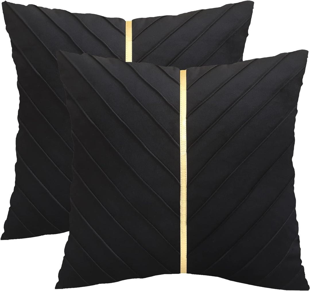 Tosleo Black Velvet Throw Pillow Covers 16x16 inch Pack of 2 with Gold Leather Decorative Couch Pillow Cover Luxury Modern Pillowcases for Wedding Living Room Bedroom Sofa Cushion Bed