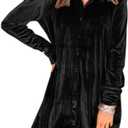 Caitefaso Womens Velvet Button Down T Shirts Swing Mini Dress Casual Long Sleeves Lapel Tunic Tops (Large, Black)