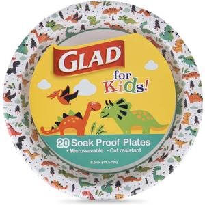 Glad for Kids Dinosaur Theme Disposable Paper Plates, Heavy Duty Soak-Proof Microwave Safe Round Plates for Kids Birthdays, Parties, and Everyday Meals, 8.5 Inch, 20 Count (Multicolor)