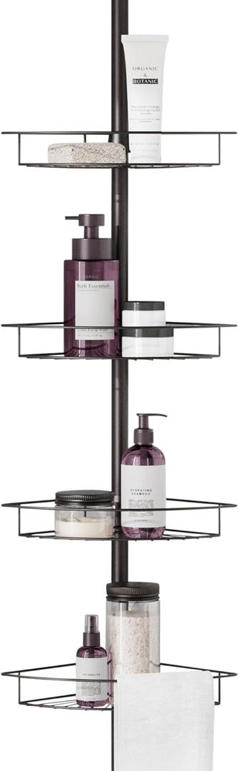 Zenna Home Tension Pole Shower Caddy Corner Organizer, Adjustable Standing Shower Caddy with 4 Baskets and Towel Bar, Rust Resistant Bathroom Tension Rod Organizer, 60 to 97 Inch, Bronze