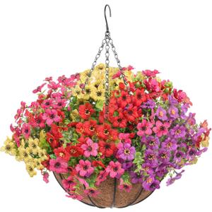 Artificial Hanging Faux Flowers Basket, Fake Silk Daisy Eucalyptus Plants Arrangement,for Spring Summer Outdoor Decoration,UV Resistant, Coconut Planter,Look Real for Home Garden Decor (Multi Color)