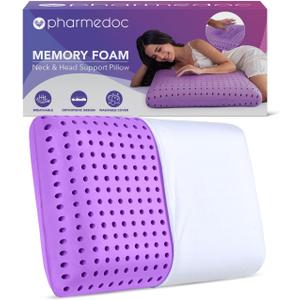 Pharmedoc Cooling Memory Foam Bed Rest Pillows, 1 Pack, Ventilated Lilac Dreamer, Reading, Standard, Back and Side Sleeper Support, Sleeping Pillows for Adults