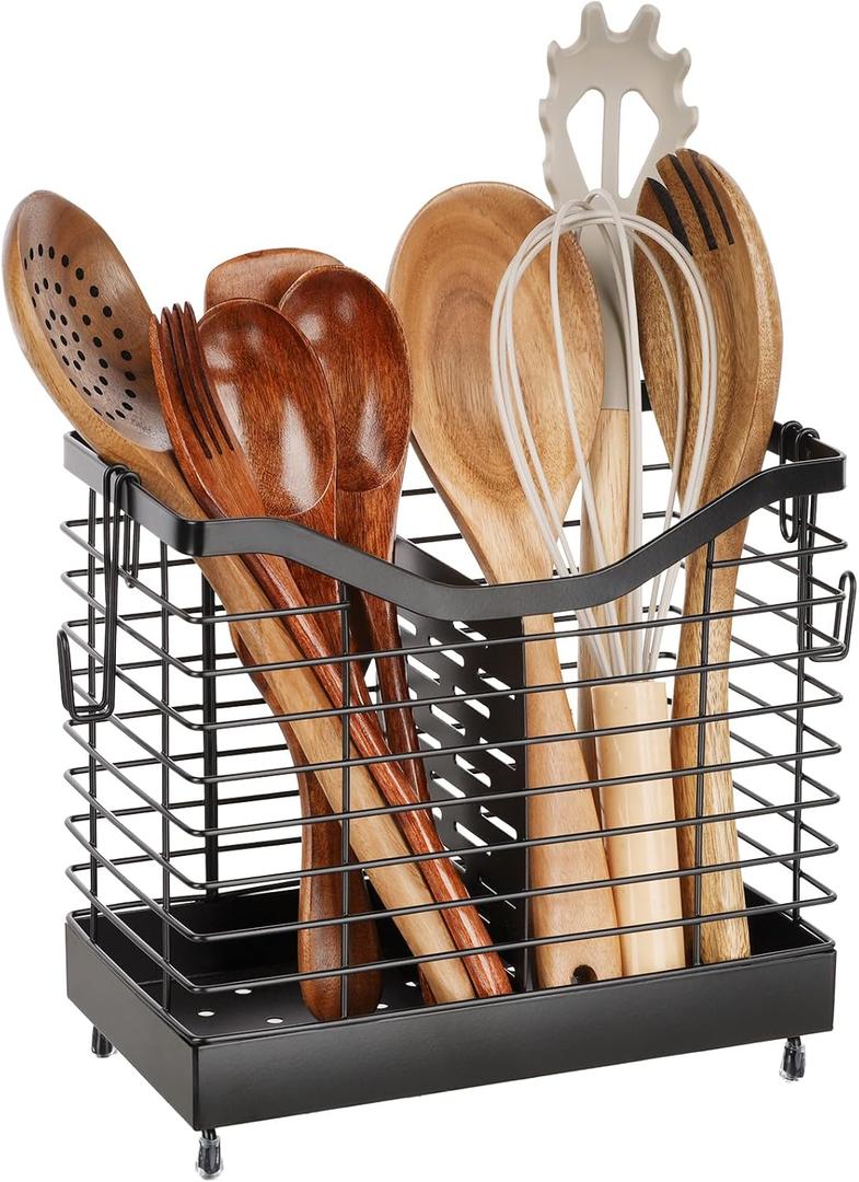 Large Utensil Holder for Kitchen Counter, Black Metal Utensil Drying Rack with 2 Compartments for Kitchen Countertop, Cooking Tools Spatula Silverware Cutlery Organizer