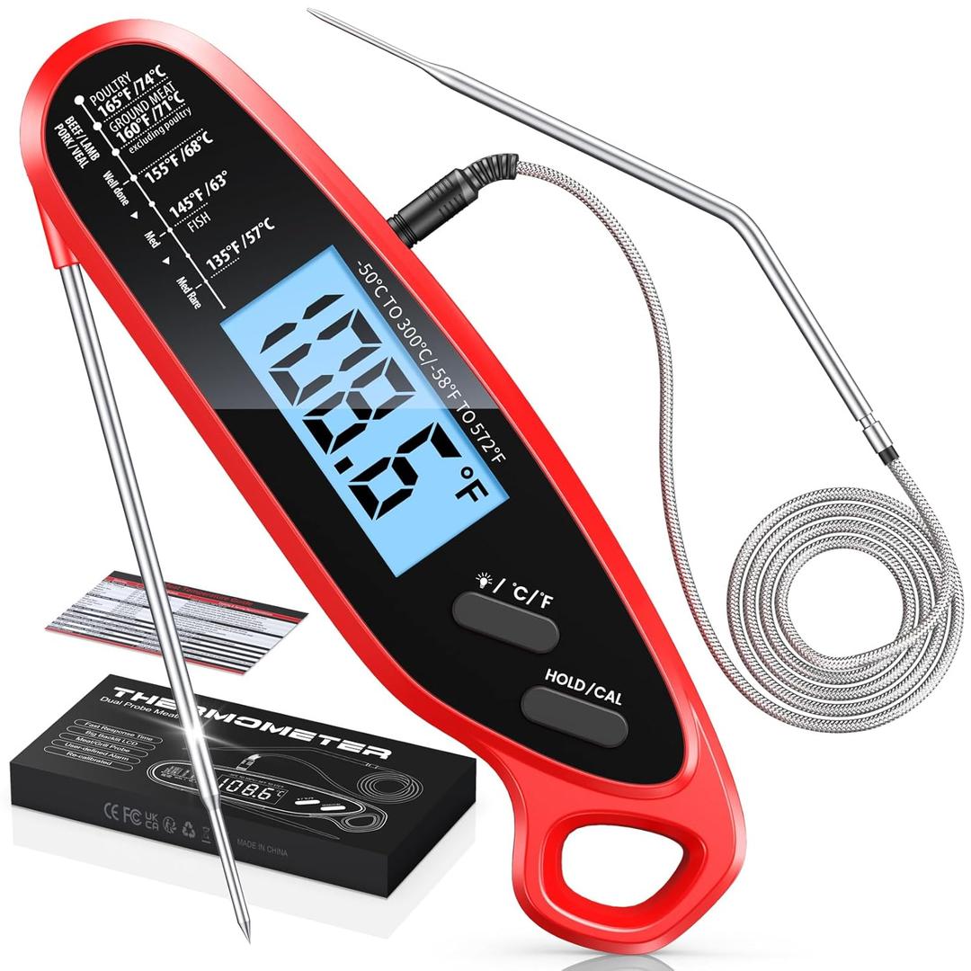 Instant Read Meat Thermometer Digital for Cooking & Grilling with Dual Probe, Large Backlit & Calibration, Kitchen Food Thermometer for Oven Grill Smoker BBQ Candy Oil Fry Turkey, Gifts for Men (Red)