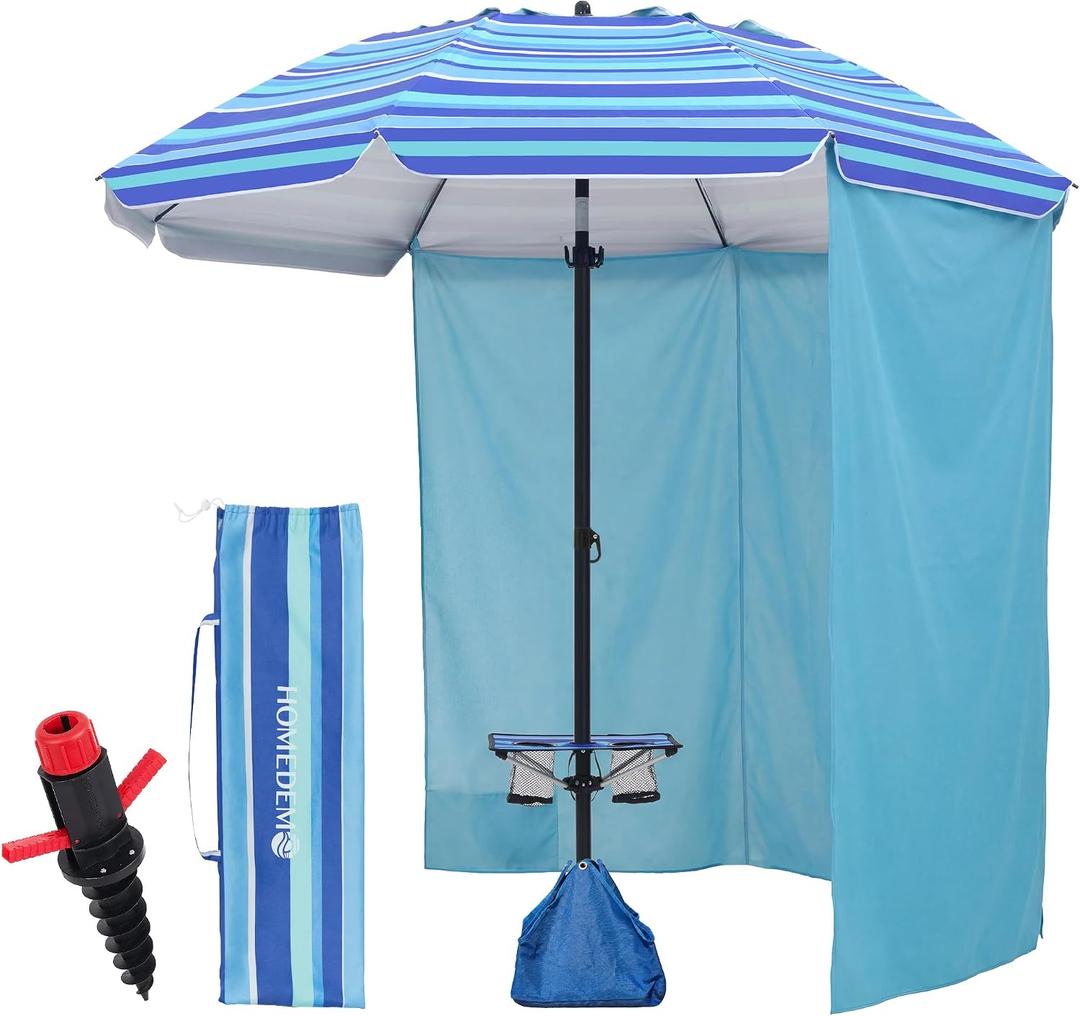 HOMEDEMO 8FT Large Beach Umbrella with Weight Bag & Sand Anchor, Outdoor Umbrellas with Adjustable Aluminum Pole and Table, Heavy Duty Windproof & UPF 50+