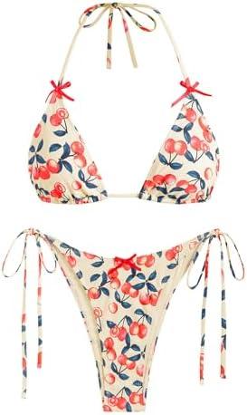 ZAFUL Women's Sexy Halter Bikini Sets Bow Decor Tiny Floral Print Bikini Swimsuits Tie Side Triangle Bathing Suits, Size 6