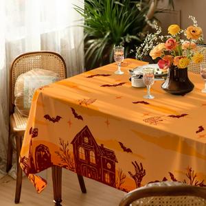 Halloween Tablecloth Waterproof  Spooky Pumpkin Design, Orange Table Cover for Halloween Party Decorations, Washable Spillproof Table Cloth for Indoor Outdoor Use, W60 x L120 in