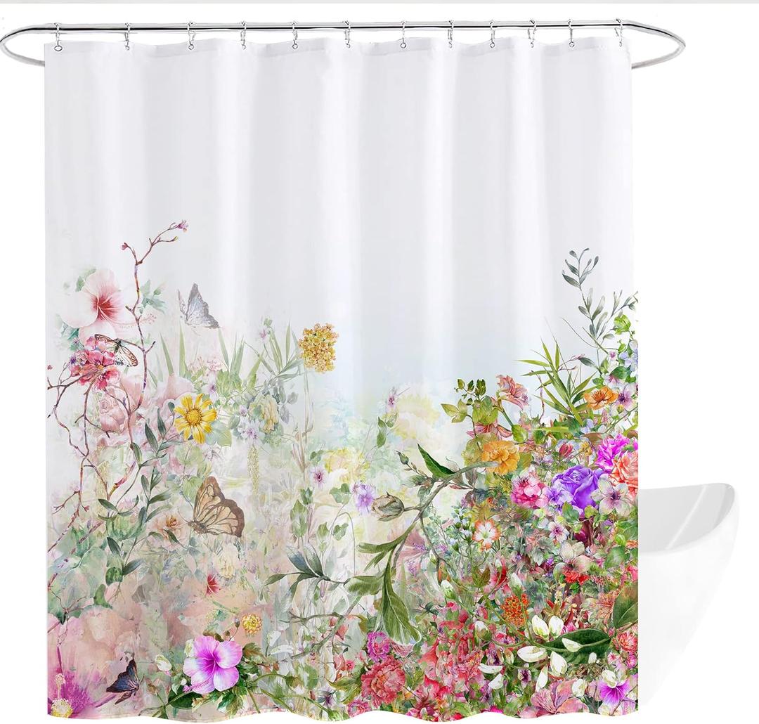 Floral Shower Curtain,Abstract Butterfly Multi Flower Leaves Polyester Fabric Shower Curtain Bathroom Curtain Sets Decor with Hooks 72 X 72 Inches