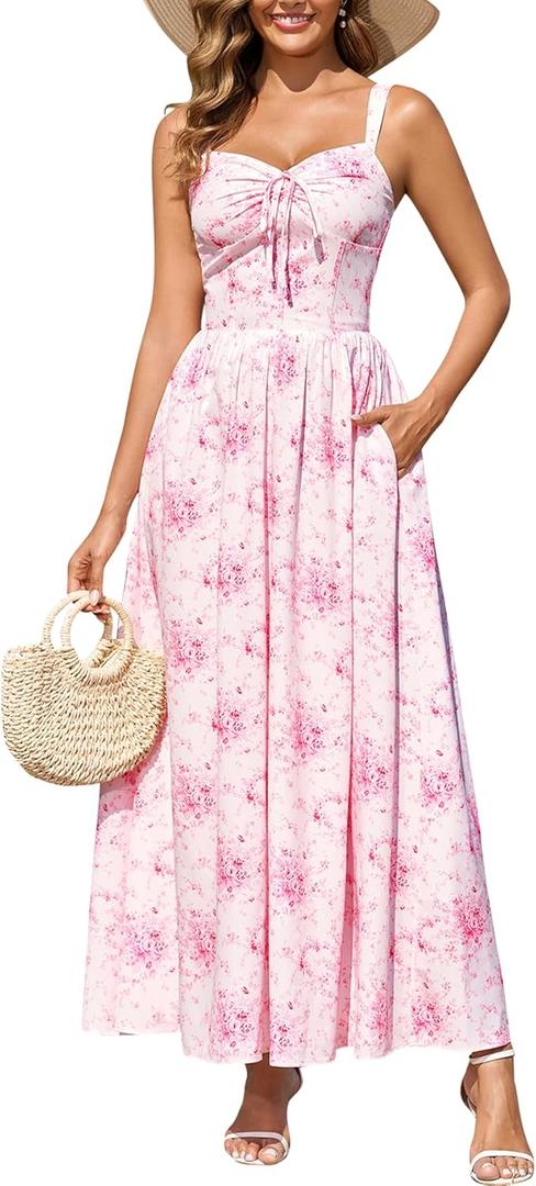 URYIAO Floral Corset Maxi Dress Lace Up Flowy Sundress Summer Wedding Guest Dresses for Women with Pockets (S)