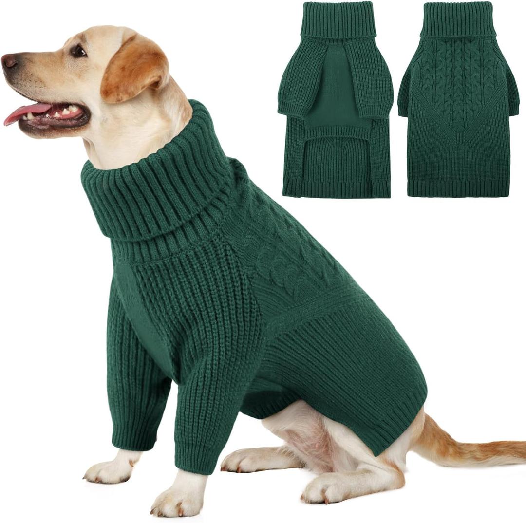 Queenmore XXL Dog Sweater, Dog Sweaters for Large Dogs Girl or Boy, Dog Christmas Sweaters XXL, Winter Big Dog Sweatshirt Knitwear, Pet Chunky Warm Coat for Small Medium Size Dogs, Green XXL