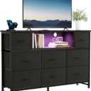 DUMOS LED Entertainment Center with Charging Station, TV Stand Dresser with 8 Fabric Drawers and Open Shelves, Wood Top Media Console for 45-55 inch, Bedroom, Black, 11.8"D x 47.2"W x 31.5"H