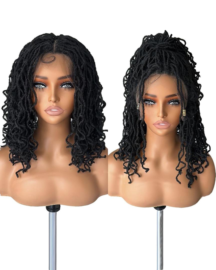 X-TRESS dry box Braided Faux Locs Wigs for big head Black Women Embroidered Full Lace Front Braided Wigs with less Baby Hair 14 Inch Black Color Synthetic Lace Front Wig Braid Hair Short Twist Wig