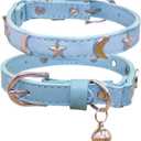 Leather Cat Collars with Bell and Safety Elastic Belt Moon and Stars Stud Adjustable for Cats and Kitten Girl boy Size 7.5-10 Inch (Light Blue)