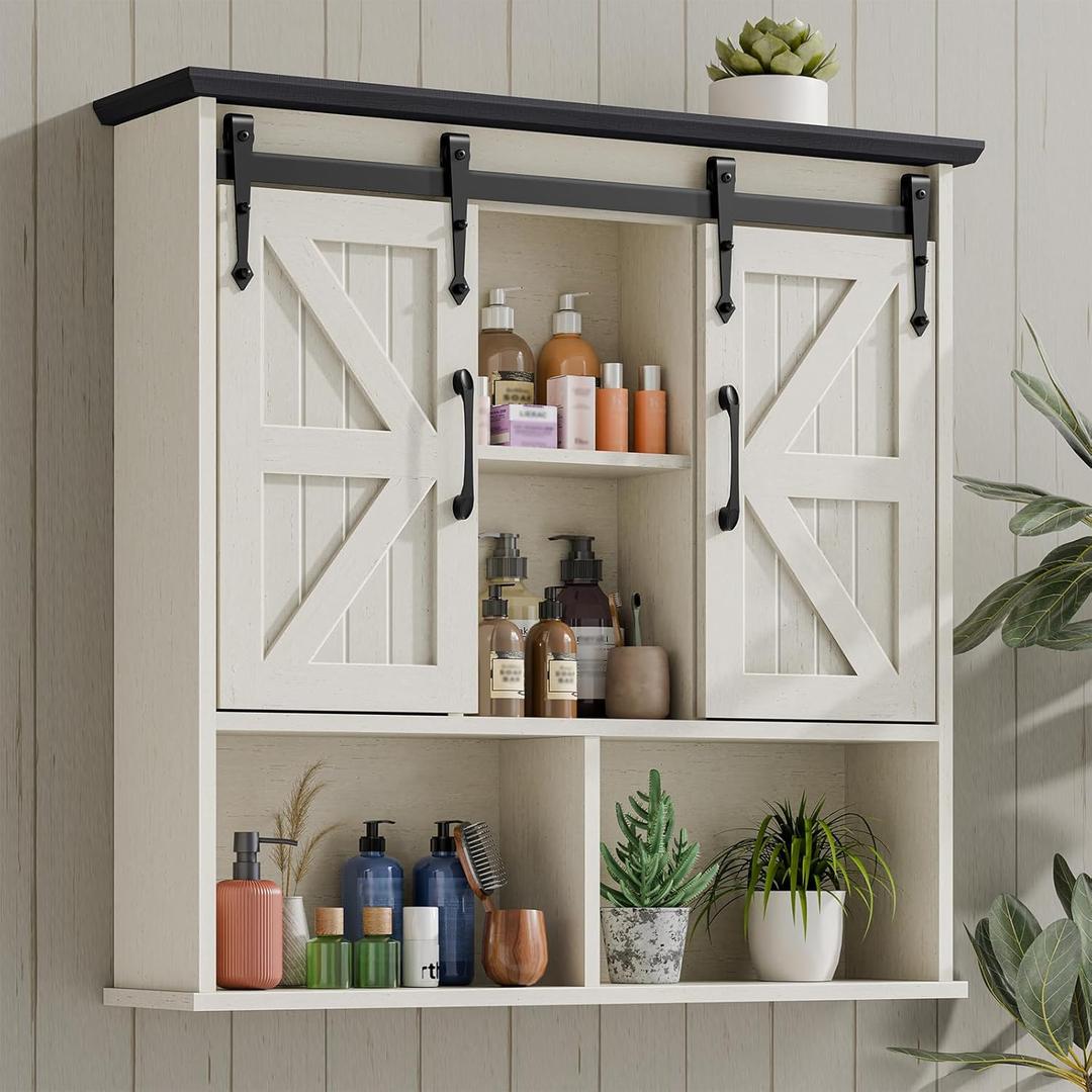 Vabches Bathroom Wall Cabinet, Farmhouse Medicine Cabinet with Double Sliding Barn Door and Adjustable Shelves, Wooden Vintage Storage Cabinet Wall Mounted for Bathroom, Kitchen, White and Black