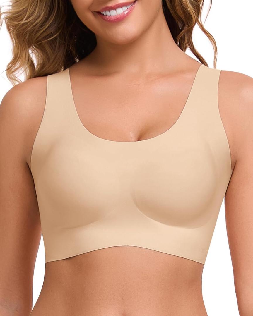 Ubras Seamless Bras for Women Light Support Wireless Bralette Comfortable Soft Smooth Pull On Bras (Beige, L)