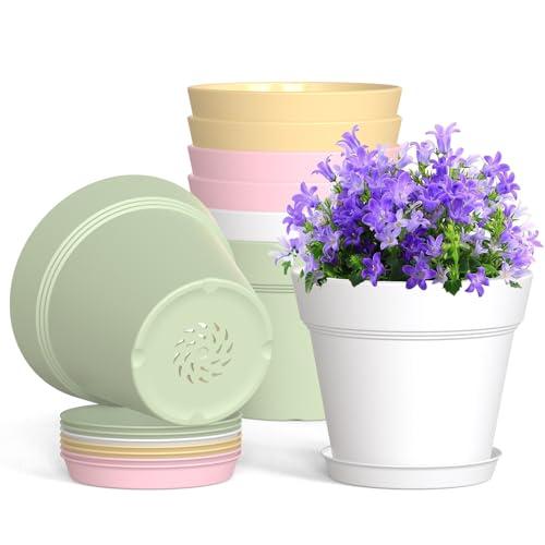 WSMKSZ 4 Inch Plastic Plant Pots with Drainage Holes and Trays – 8 Pack Small Nursery Pots for Indoor & Outdoor House Plants and Flowers, Seedling Starter Planters, Colorful