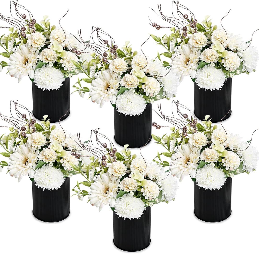 Party Table Centerpieces - Set of 6 Pre-Made Daisy Floral Arrangements with Black Metal Vase for Birthday, Baby Shower, Events Celebration Decorations - Ivory White & Rose Gold