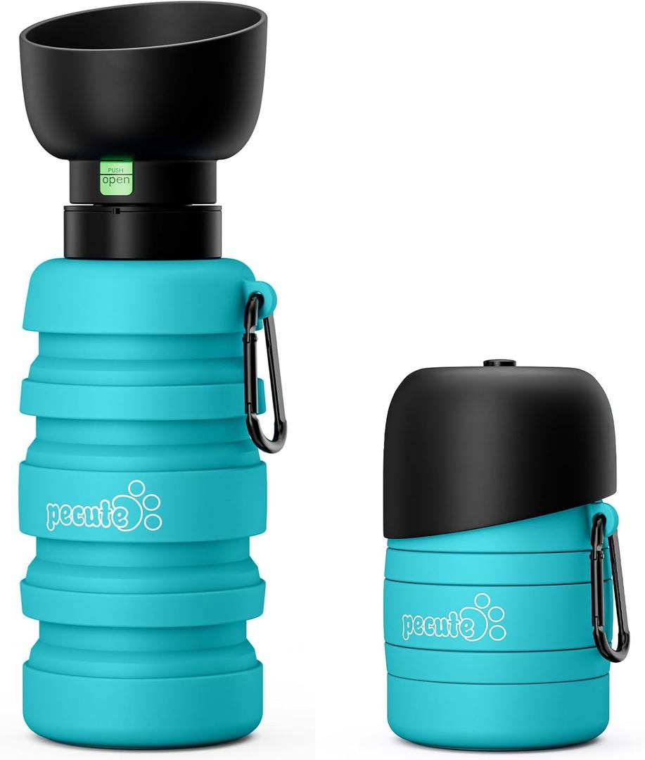 Pecute Dog Water Bottle Portable & Collapsible,17oz-29oz Water Dispenser with Folding Bowl, 5 Levels Capacity in 1,Carabiner Clip,100% Food Grade Silicone,Outdoor Walking,Hiking,Travel,Light Blue