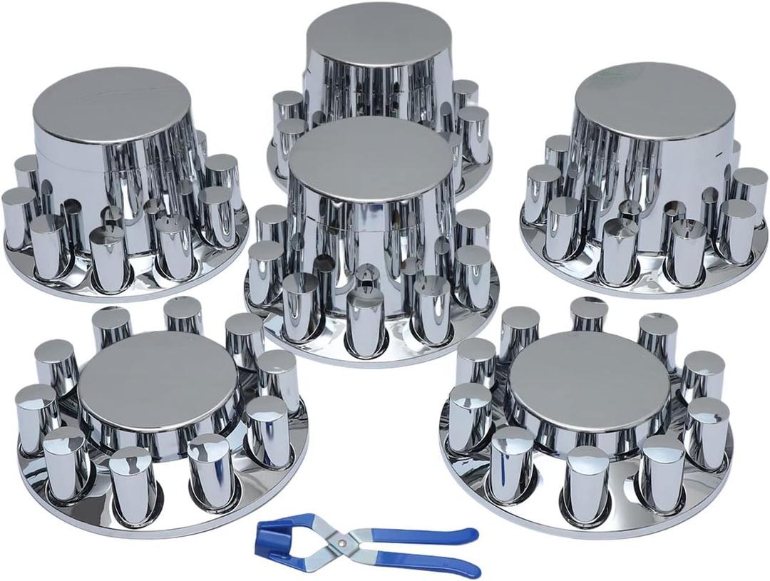 ABS Plastic Chromed Hubcaps Front and Rear Wheel Axle Cover Set with 33mm Thread-On Lug Nut Covers for Semi Trucks, Flat