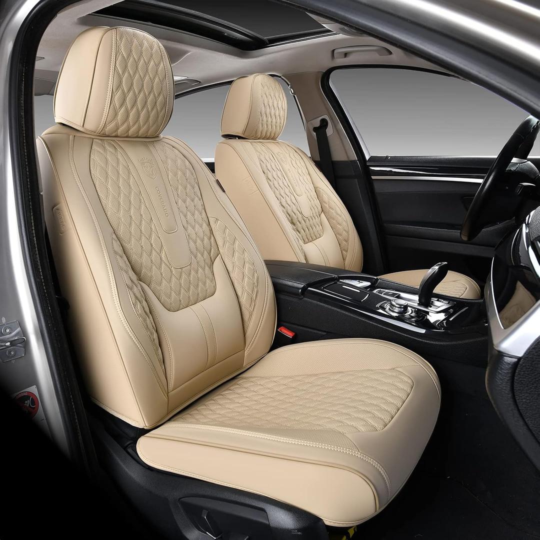 Coverado Front Seat Covers, Car Seat Covers Front Seats, Nappa Leather Seat Covers for Cars, Waterproof Seat Covers with Lumbar Support Universal Fit for Most Cars SUV Trucks (Front, Beige)