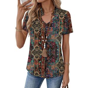 Kistore Womens Summer Tops Short Sleeve V Neck Casual Shirts Beach Vacation Dressy Work Blouses (M)