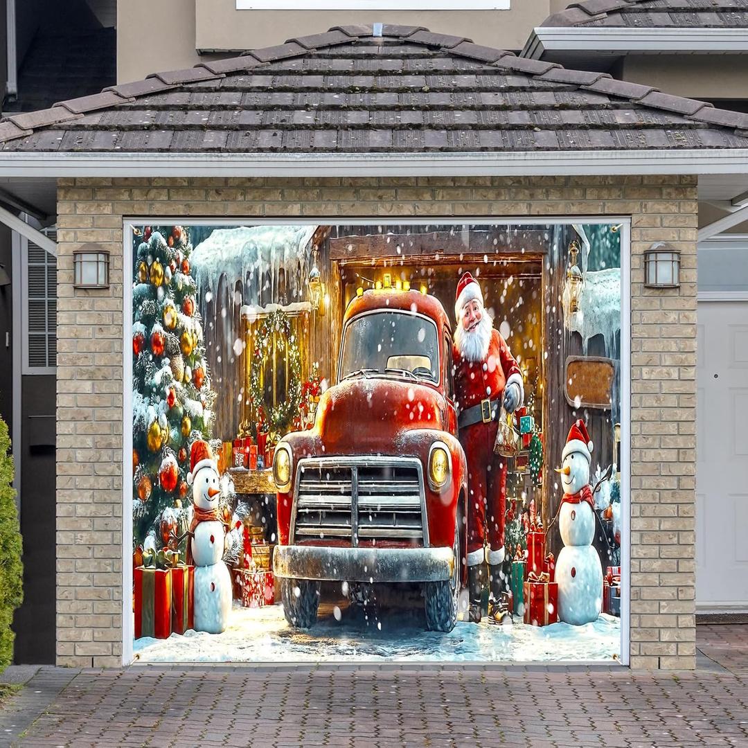 Christmas Garage Door Cover Banner Decorations, Merry Christmas Santa Claus Snowman Winter Holiday Front Outdoor Car Garage Door Murals Buddy Decorations Backdrops Party Wall Decor Single 8 X 7 Ft