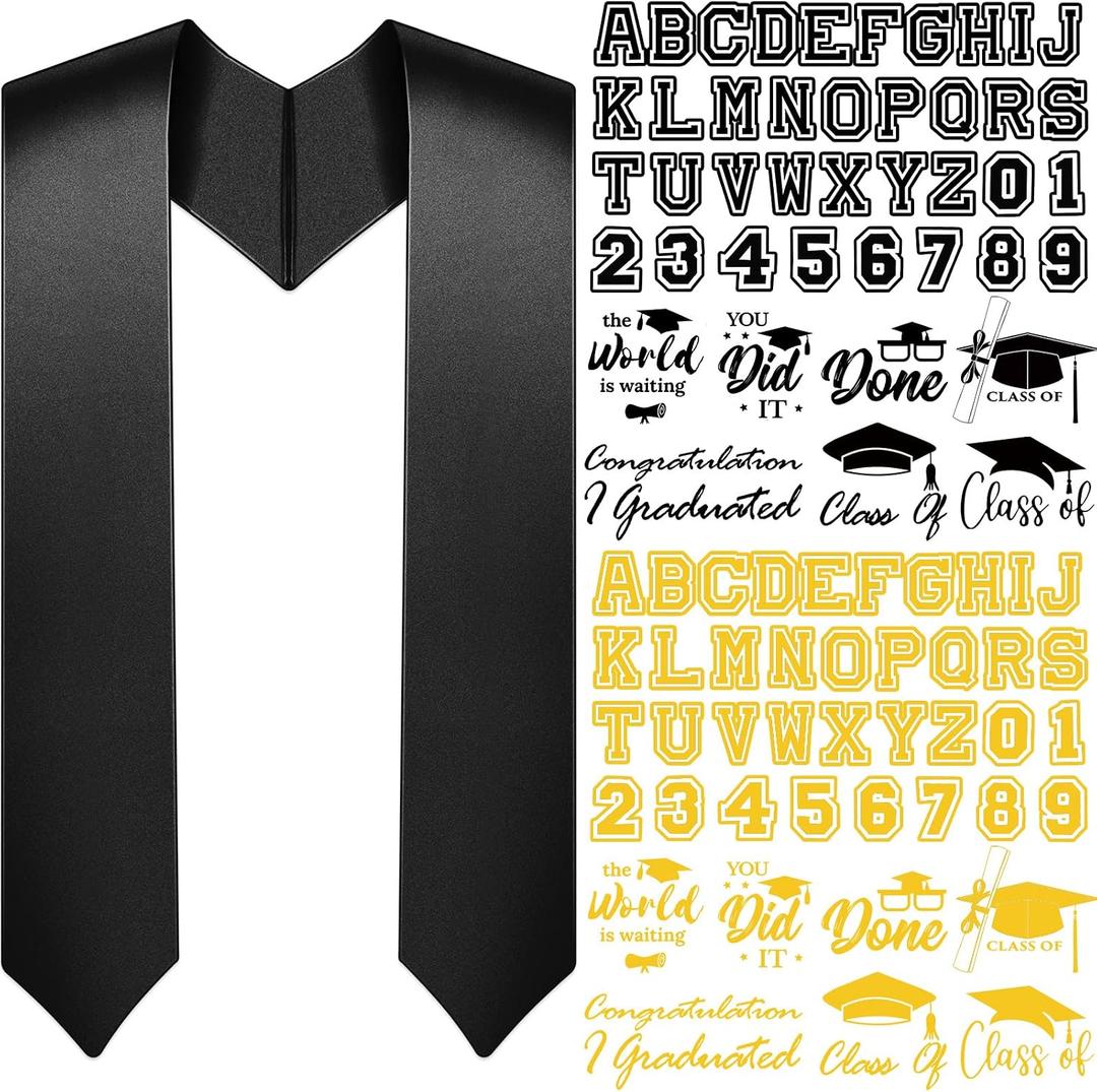 Spakon Unisex Adult Plain Graduation Stole with a to Z Letter 0 to 9 Number Graduation Pattern Badge Decorate Repair Patches(Black)