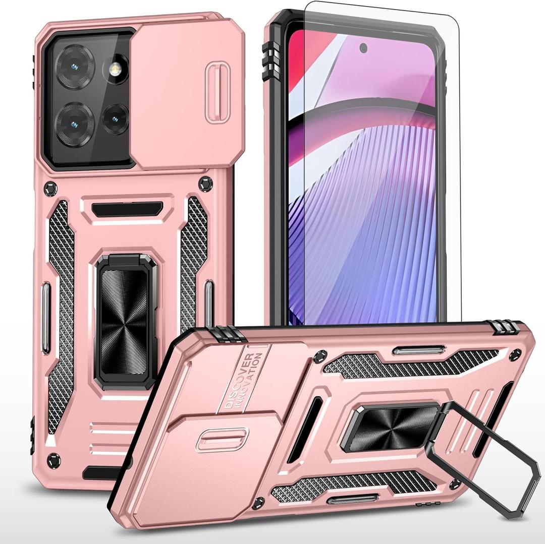 Asuwish Phone Case for Motorola Moto G Power 5G 2025 with Tempered Glass Screen Protector and Slide Camera Cover Magnetic Ring Holder Kickstand Cell Accessories Protective XT2515-1 Women Men Rose Gold
