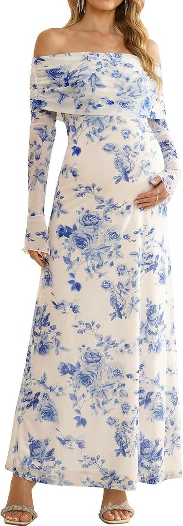 KUTUMAI Off Shoulder Strecth Maternity Dress Long Sleeve Floral Maxi Wedding Guest Pregnancy Baby Shower Photoshoot Dresses (Blue, L)