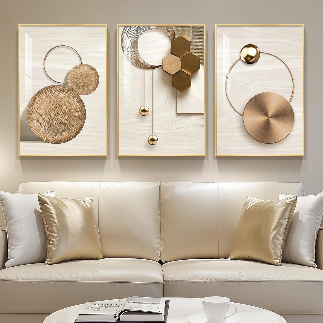 Framed Modern Luxury Gold Wall Art, 3 Piece Bright Style Art Prints Paintings Artwork for Walls, Bronze Gold Geometric Pictures for Living Room Dining Room Bedroom Wall Decor 16x24 In (Gold Circle Trio)