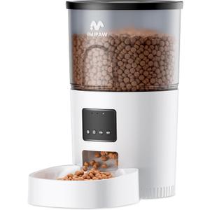 IMIPAW Automatic Cat Feeder, 3L Timed Dry Food Dispenser with Desiccant, Programmable Portion Control, Dual Power Backup, 10 Meals Daily, 15 Portions Per Meal, Suitable for Small Pets, Easy Setup (White)