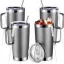 Lallisa 4 Pcs 20 oz Stainless Steel Coffee Mug with Handle Insulated Tumbler with Lid and Straw Brush Double Wall Vacuum Thermal Cup Reusable Portable Coffee Tumbler for Hot Cold Drinks (Silver)