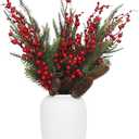 6 pcs Christmas Norfolk Pine Branches with Red Berries and Pinecones, 21.6" Fake Greenery Picks and Sprays, Long Christmas Stems for Vases Decorative Holiday Floral Picks for Home Party Decoration