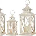 NEEDOMO Lanterns Decorative Outdoor&Indoor, Set of 4 (14"&10") Beige Metal Lantern Decor with Glass, Candle Holder for Porch, Patio, Garden, Balcony, Wedding, Table Centerpiece